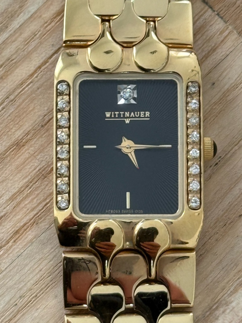 Wittnauer Diamond Rare Vintage Ladies Watch Black Rectangular Dial Gold Bracelet